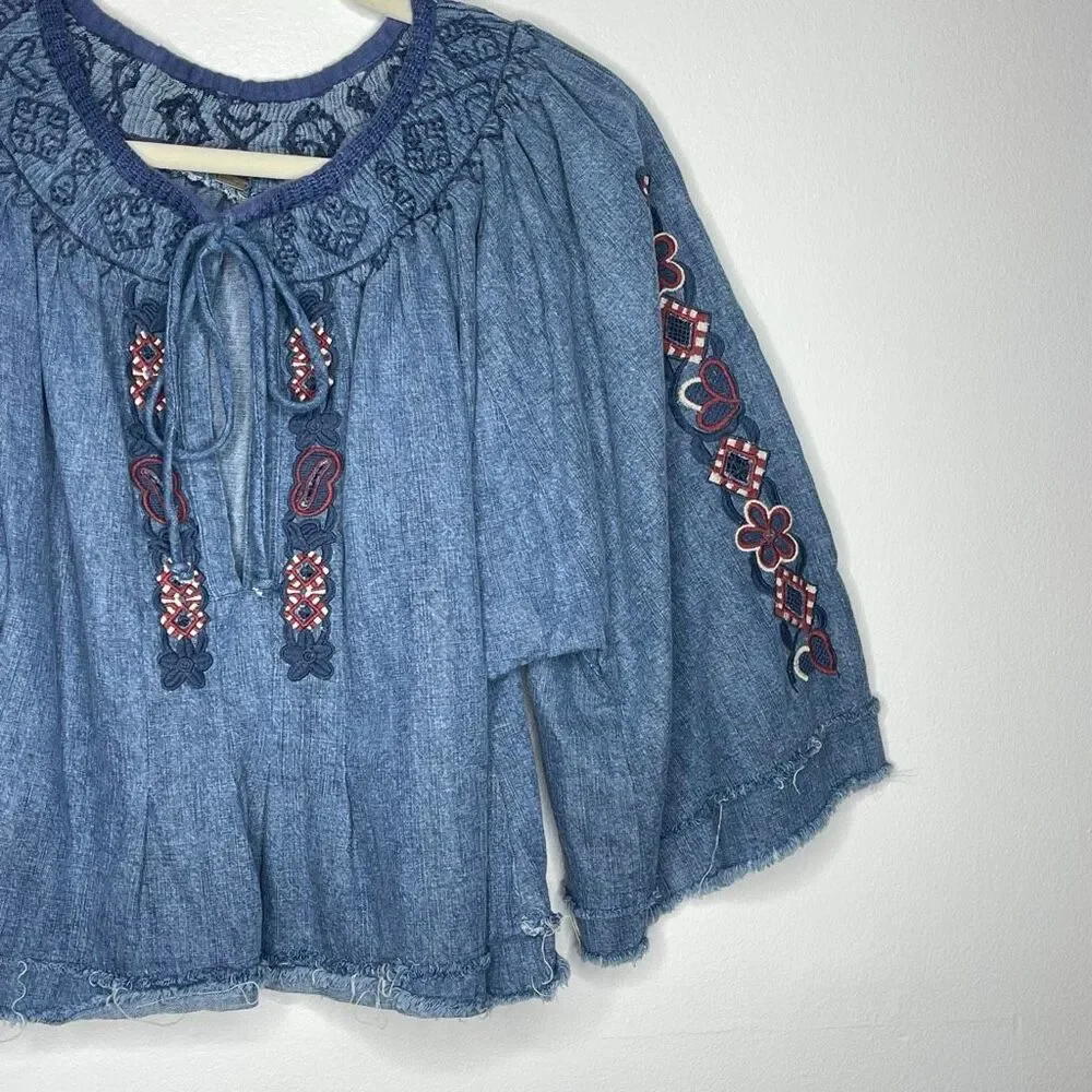 Free People Sun Valley Embroidered Denim Blouse Boho Top Women’s Size Small - Picture 4 of 10